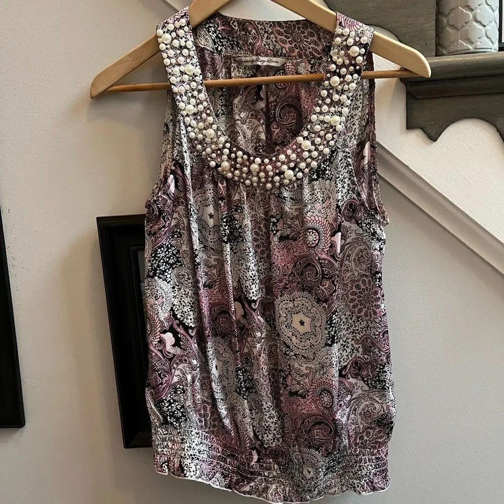 Larry Levine Y2K Pearl Trimmed Sleeveless Paisley Blouse sz S